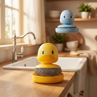 Brosse à vaisselle mignonne en forme de canard avec poils en nylon et tête de brosse en fil d'acier, manche en plastique et raclette pour le nettoyage de la cuisine