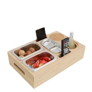 Bamboo <b>Storage</b> <b>Tray</b> With Stainless Steel Compartments Multifunctional Snack And Fruit Organizer For Sofa Use Rectangle Shape - Product Image 5