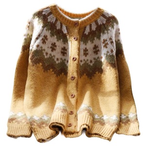Women's Round Neck <b>Cardigan</b> <b>Sweater</b> Loose Fit Jacquard Knit Vintage Style Autumn Wear Anti Pilling Wool Top - Product Image 5
