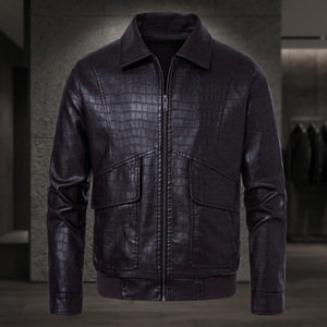 Veste en cuir véritable noir pour homme, effet croco, fermeture éclair, col rabattu, poches avant, style décontracté, automne, vente en gros, design personnalisé avec logo - Product Image 2
