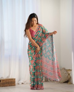 Traditional Printed <b>Red</b> Green <b>Saree</b> For Women Casual Wear Regular Fit Floor Length Indian Pakistani Clothing Heavy Chinnon <b>Saree</b> - Product Image 4