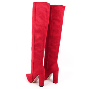 Botas de tacón grueso de ante sólido para mujer, botines rojos de tacón alto hasta el muslo, botas de invierno de piel corta sin cordones por encima de la rodilla - Product Image 6