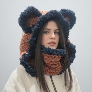 Cagoule <span class=keywords><strong>tricot</strong></span>ée mignonne pour <span class=keywords><strong>femme</strong></span> avec oreilles d'ours, bonnet chaud d'hiver pour le ski, cache-cou épais à <span class=keywords><strong>capuche</strong></span>, cache-cou animalier moelleux fait main - Product Image 1