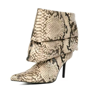 Botines de tacón alto fino con estampado de serpiente personalizado, talla grande 46, punta fina, estilo holgado, parte superior ancha plisada, zapatos sueltos para mujer - Product Image 4