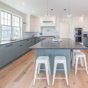 CBMmart-armarios de cocina de estilo lacado azul claro, Panel de puerta empotrada de 2 PAC, encimera blanca, Panel de puerta de vidrio marrón - Product Image 3