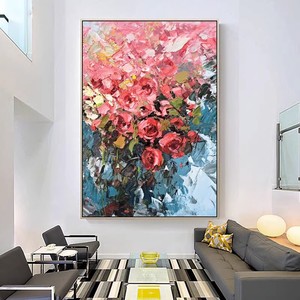 Peinture à l'huile peinte à la main, art floral rose, cadre en métal, décoration moderne pour salon, entrée, art mural, style impressionnisme - Product Image 2