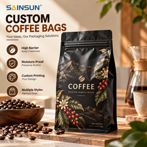 Bolsas de Café Impresas Personalizadas con Fondo Plano, Válvula y Cierre Hermético, Bolsas de Mylar Reutilizables para Almacenamiento de Granos de Café de 250g y 1kg - Product Image 1