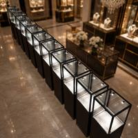 Vitrine haute en verre noir moderne avec éclairage LED pour exposition de bijoux, idéale pour musée, boutique, galerie