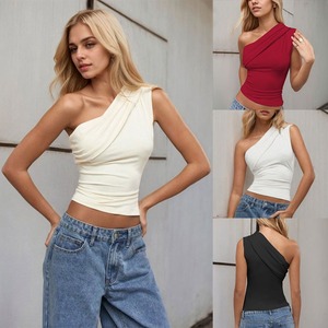 Haut court asymétrique drapé <span class=keywords><strong>sans</strong></span> bretelles pour <span class=keywords><strong>femme</strong></span>, coupe ajustée, <span class=keywords><strong>sans</strong></span> manches, froncé, style bodycon, idéal pour l'é<span class=keywords><strong>t</strong></span>é - Product Image 1