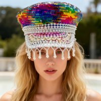 Venta al por Mayor, 3 MOQ, Gorra de Capitán Personalizada con Lentejuelas de Arcoíris, Borla de Perlas, Pedrería, Gorras Casuales para Playa, Festivales, Fiestas, Unisex