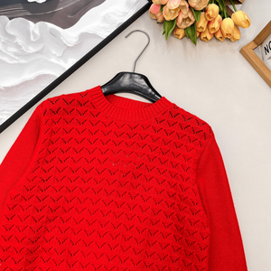 Suéter de punto calado para mujer, cuello redondo, manga larga, informal, para otoño - Product Image 4