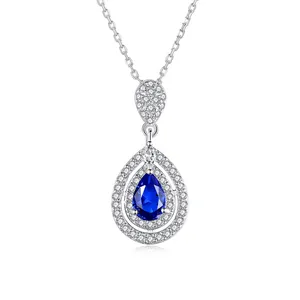 Fine Jewelry Water Drop Shape Gemstone Pendant 925 Sterling Silver Sapphire Necklace For Women