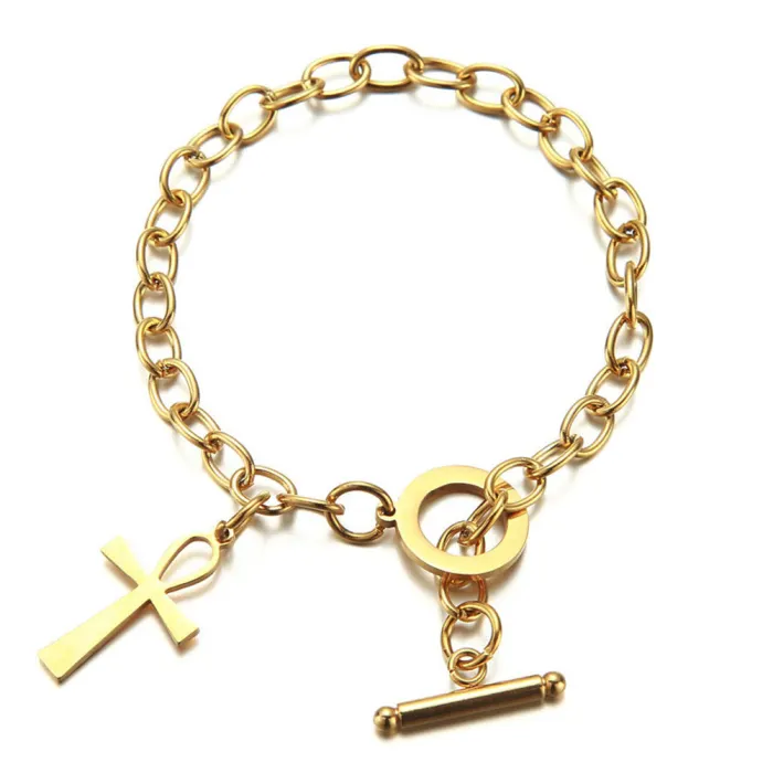Vòng Tay Ai Cập Tôn Giáo Đàn Ông Phụ Nữ Trang Sức 18K Mạ Vàng Thép Không Gỉ Ankh Cross Charms Dangle Bracelet Với OT Buckle