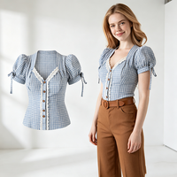 Chemisier pour femme à manches courtes bouffantes, motif carreaux bleus et blancs, avec bordure en dentelle et poignets à nouer, chemise intérieure pour Dirndl bavarois d'Oktoberfest