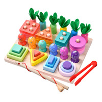 Juego de Pesca Magnético Tridimensional Cuatro en Uno, Bloques de Construcción de Madera para Bebés y Niños Pequeños de 0 a 3 Años, Formas Montessori