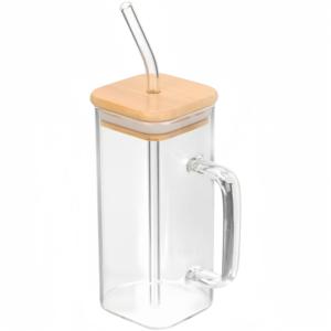 Vetro di grande capacità con paglia e maniglia chiara tazza di vetro di forma quadrata con coperchi di bambù - Product Image 1