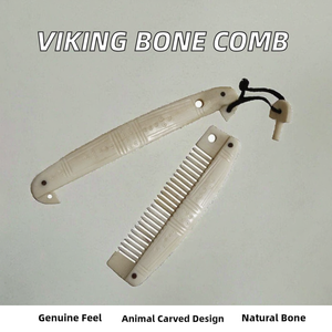 Peigne à barbe Viking en os de la meilleure qualité, avec étui, motif animal religieux sculpté en ivoire, couleur naturelle, 10 cm, toucher réel, Inde, naturel - Product Image 2