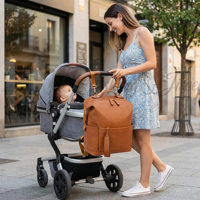 Sac à langer convertible 3-en-1 grande capacité en cuir PU avec sangles de poussette, poches isothermes, matelas à langer et résistant à l'eau