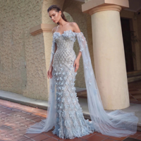 Robe de soirée élégante sirène Lsz441 avec manches cape, fleurs 3D, perles et sequins, pour occasions formelles, Jancember