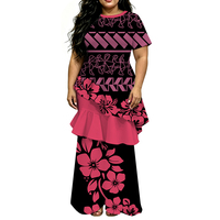 Robe longue polynésienne personnalisée pour femme, imprimé tribal vert citron et rouge hibiscus, manches courtes, volants étagés, style îles du Pacifique