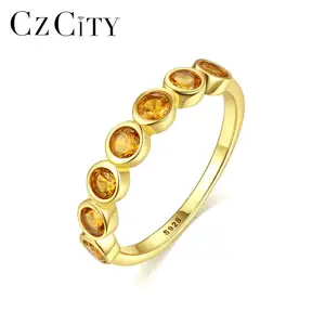 CZCITY 925纯银水晶金饰品女孩新款时尚电镀黄色钻石手指简单戒指