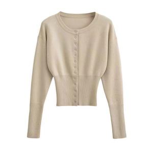 Nuovo Logo in lana 100% personalizzato stile classico abbigliamento femminile alla moda t-shirt con scollo sottile con bottoni <span class=keywords><strong>Cardigan</strong></span> da donna a coste - Product Image 4