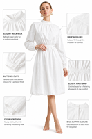 Robe Courte Blanche Femme à Manches Longues et Taille Smockée, 100% Nylon, Col Montant à Volants, Vente en Gros Automne/Hiver 2026