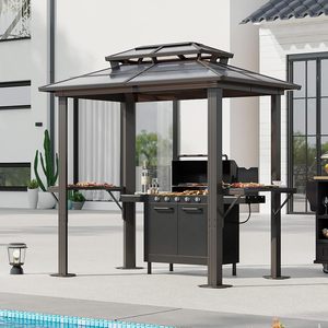 Gazebo de jardin 8 x 5 pieds, gazebo de barbecue en aluminium avec toit en polycarbonate, auvent rigide pour barbecue avec étagères pour pelouse, patio, jardin - Product Image 3