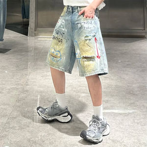 Fabricants de vêtements streetwear tendance, <span class=keywords><strong>jeans</strong></span> courts vintage déchirés à motif graffiti d'été pour hommes, coupe droite et ample, personnalisés - Product Image 2