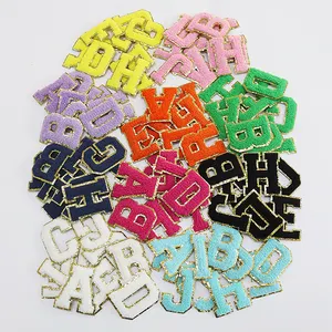 2 Iron-On Letters Multicolor Patch, Chenille Letters With Gold Trim