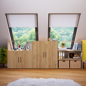 Estante Moderno con Techo Inclinado y Puertas, Efecto Roble, 100x52x90 cm, <span class=keywords><strong>para</strong></span> Techos Inclinados, con 3 Compartimentos, <span class=keywords><strong>para</strong></span> Apartamentos y Escuelas - Product Image 1