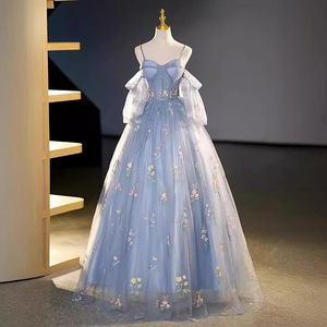Gray Blue Ball Gown Sweetheart Neckline Floral Print Organza Empire Waist Evening Dress For Banquet Events - Product Image 3
