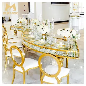 Luxury Bride And Groom Half Moon Wedding Table Golden Stainless Steel S shaped Dining Table Sets