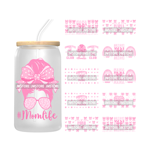 Coquette <span class=keywords><strong>rosa</strong></span> fiocco Momlife <span class=keywords><strong>Mama</strong></span> 16OZ UV DTF coppette pronto ad applicare adesivi di trasferimento impermeabili per Libbey bicchiere - Product Image 1