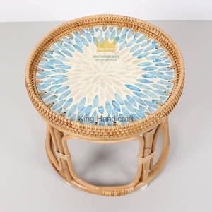 Modern Minimalist Rattan <b>Bedside</b> Coffee <b>Table</b> Set Handcrafted Mother of Pearl MOP Inlay <b>Round</b> Accent End <b>Table</b> - Product Image 1