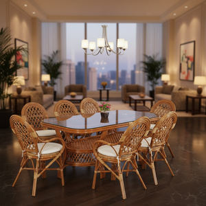 Ensemble de salle à manger en rotin classique asiatique ancien, magnifiquement conçu et confortable, table longue, Indonésie, pour la maison, l'hôtel/l'appartement - Product Image 1