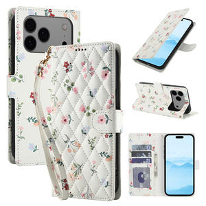Étui de <span class=keywords><strong>téléphone</strong></span> antichoc en cuir à imprimé floral à <span class=keywords><strong>base</strong></span> blanche pour iPhone 17 Air Pro Max Housse de protection avec dragonne - Product Image 1