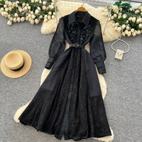 Robe longue élégante pour femmes WIWT, en dentelle verte, patchwork, coupe évasée, broderie perlée, manches longues, ceinture, robe de soirée décontractée pour femmes