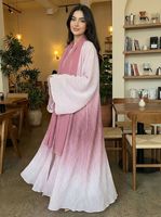 Robe longue musulmane R-760 plissée dégradée à manches évasées avec hijab assorti, Abaya modeste pour femme, Kaftan de Dubaï respirant et élégant, longueur cheville