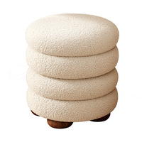 OEM Pouf empilable en tissu Teddy crème, avec pieds en bois massif, assise ronde rembourrée et douce, pour coiffeuse et salon