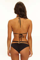 Ensemble bikini deux pièces pour femme, noir uni, avec superposition en dentelle, haut triangle licou, doublure nude, coupe coquine et bijou anneau métallique