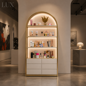 Modern Cream Arched Retail Showcase Back <b>Wall</b> Display Cabinet LED Lit Fluted Shelving <b>Unit</b> for Salon Boutique Cosmetic Store - Product Image 2