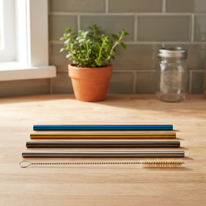 Reusable <b>Metal</b> Drinking <b>Straws</b> Set of 4 with Cleaning Brush Blue Gold Black Silver Minimalist Bar Accessories - Product Image 3