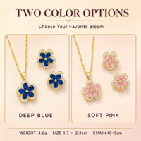 Ensemble collier, boucles d'oreilles et bague en acier inoxydable motif fleur à cinq pétales, tendance, légèrement luxueux, avec micro-incrustations, bijoux de fête