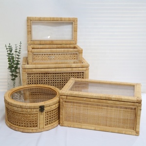 Ensemble de 2 boîtes de présentation <span class=keywords><strong>vintage</strong></span> en <span class=keywords><strong>rotin</strong></span> en bois avec couvercle en acrylique Boho Home Decor panier de rangement en <span class=keywords><strong>rotin</strong></span> organisateur de livres jouets pour enfants - Product Image 4