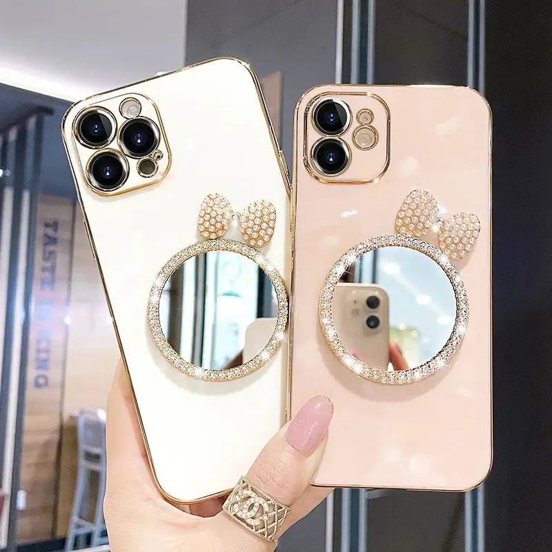 Makeup Mirrored Phone Case Fundas De Lujo Para For iphone 13 14 12 Pro Max Butterfly Diamond Bling Cases Cover For Women Girls