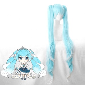 2019 nuova neve Miku <span class=keywords><strong>parrucca</strong></span> Vocaloid Anime Cosplay parrucche con 2 code di cavallo miste lunghe ricce ghiaccio 120cm blu bianco francese parrucche di pizzo lungo - Product Image 3