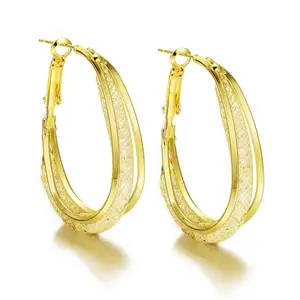High grade designer rhinestone earrings fashionable crystal vintage earrings mesh hollow out gold hoop earrings large