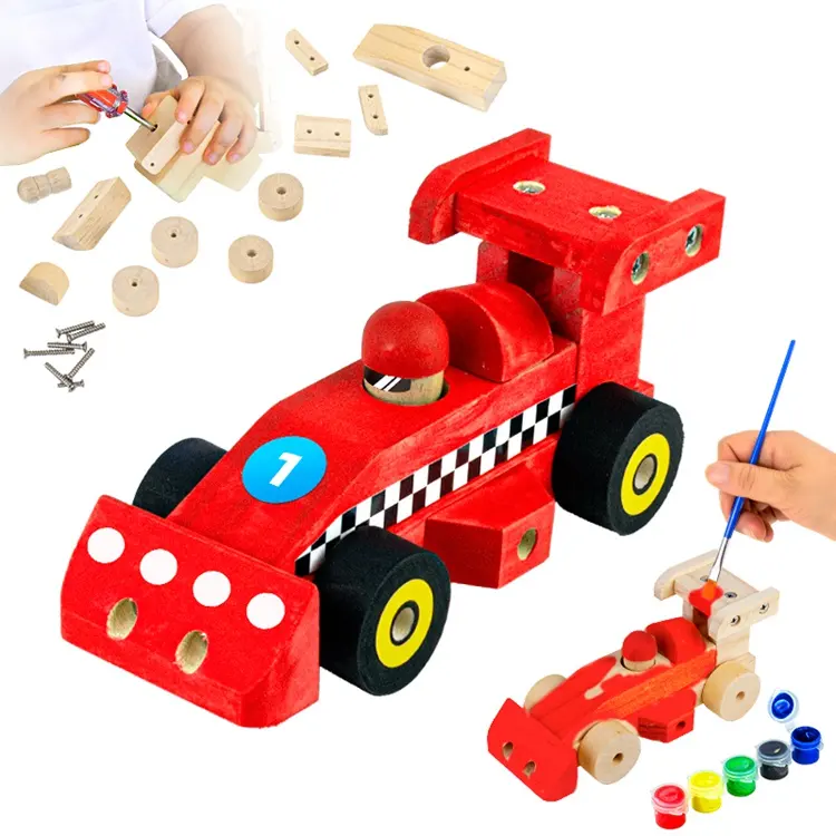 Wooden diy kids build painting toy race car