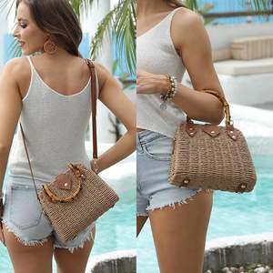 Bolso de Mano de Paja <span class=keywords><strong>Tejida</strong></span> con <span class=keywords><strong>Asa</strong></span> Superior de Bambú, Elegante, con Cierre Magnético, Diseño Portátil <span class=keywords><strong>para</strong></span> Viajes, Uso en Exteriores, Bolso de Noche - Product Image 4